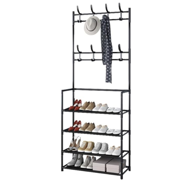 Coat rack with shoe storage, durable coat rack, multifunctional coat rack, home organization, easy-to-assemble coat rack.